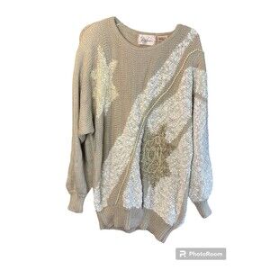 VTG 80s 90s Jaclyn Smith Tunic Sweater Sz M Pearls Abstract Shoulder Pads Beige